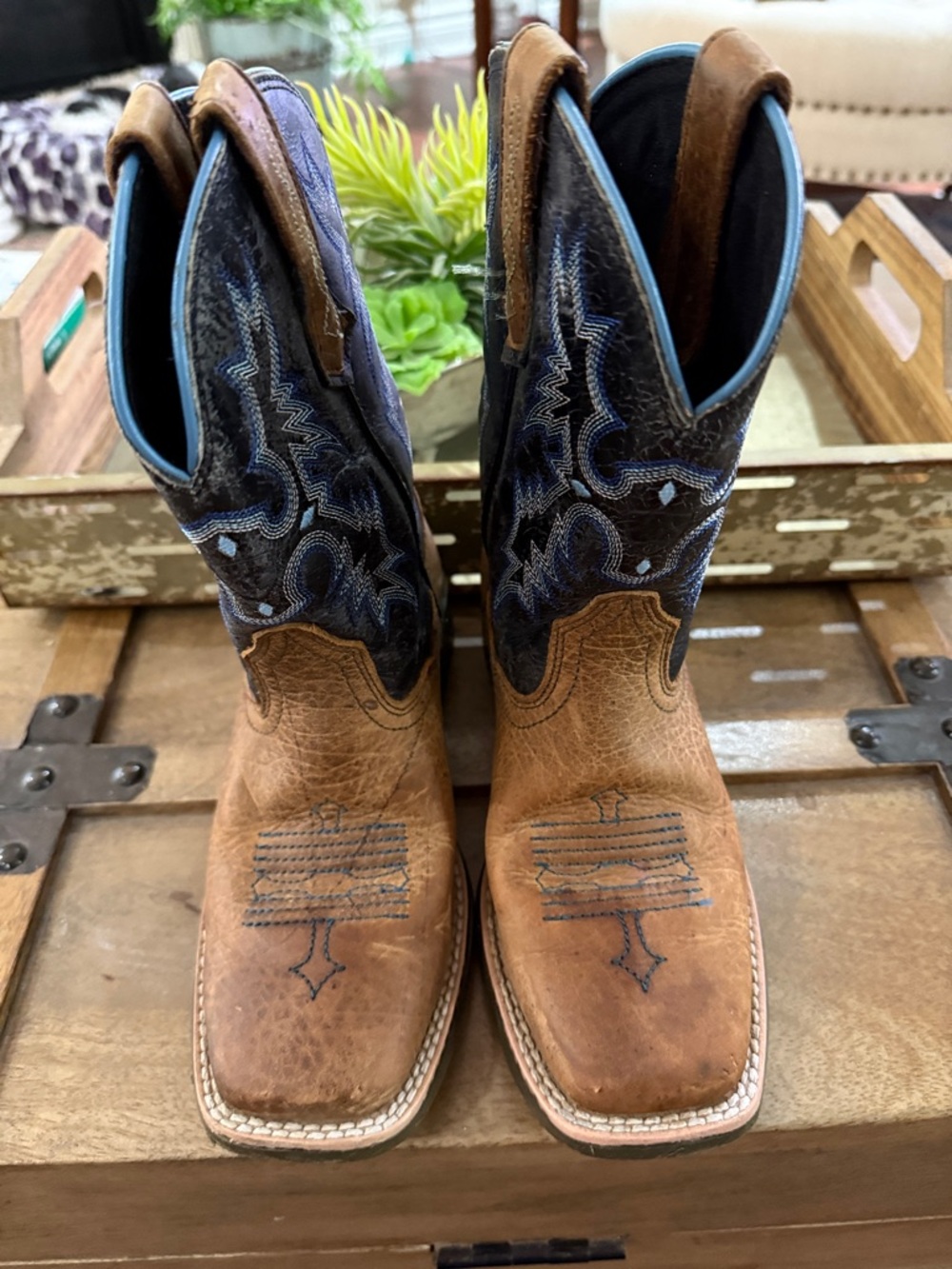 Ariat Tan and Black Kids Western Boots with Blue Stitching